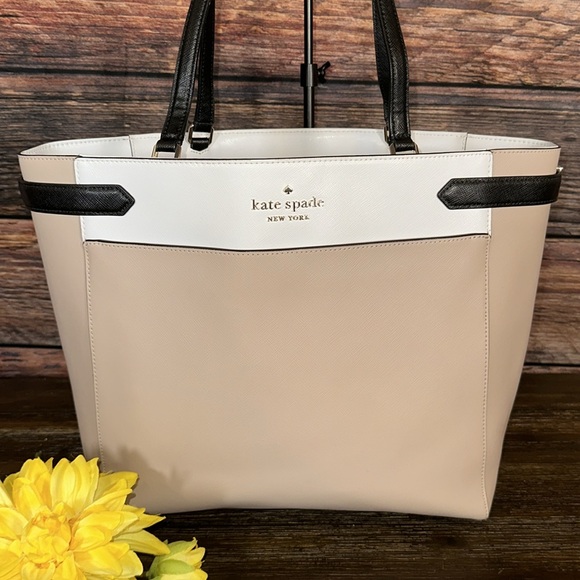 Kate Spade Staci Bag Purse Leather Laptop Tote in Tan, White & Black Color Block - Picture 2 of 11